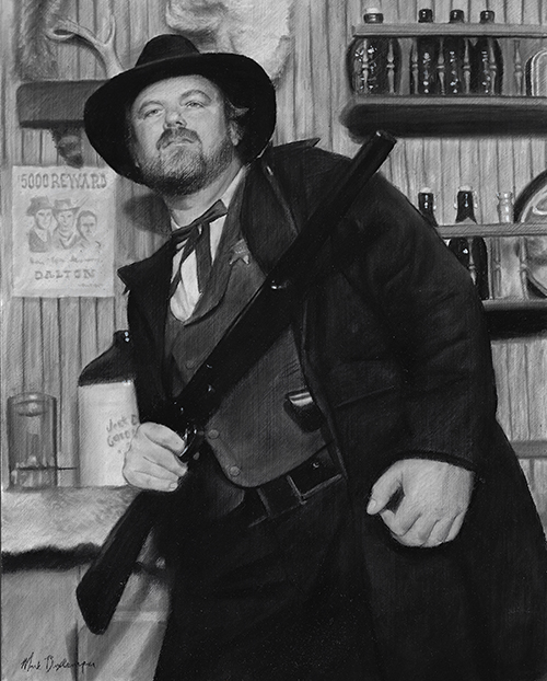 Charcoal portrait of man in western costume holding shotgun